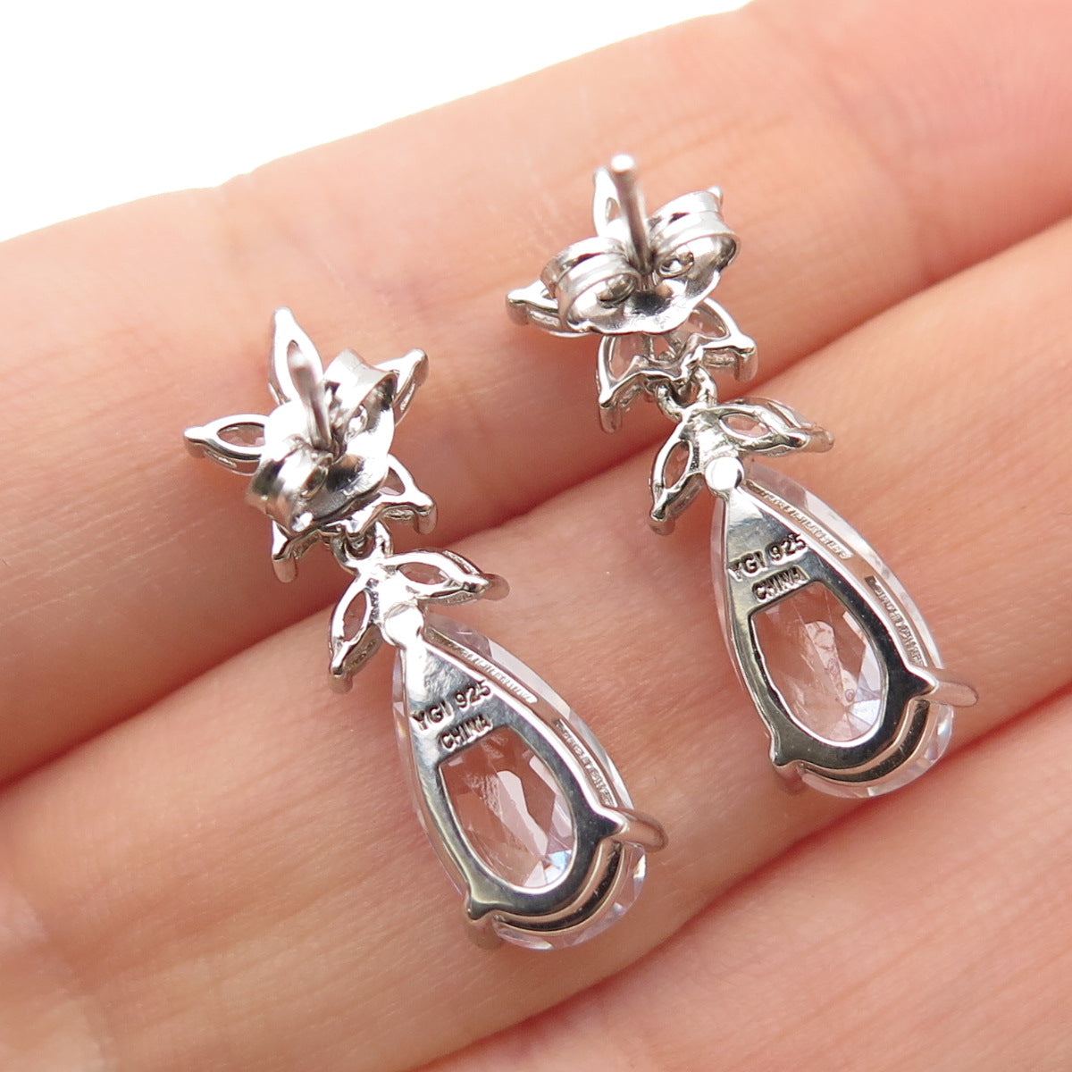 925 Sterling Silver Pear Marquise & Round-Cut C Z Dangle Earrings