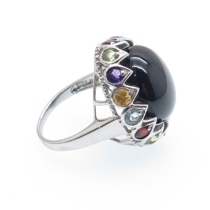 925 Sterling Silver Real Onyx Topaz Amethyst Citrine Peridot Garnet Ring Size 6