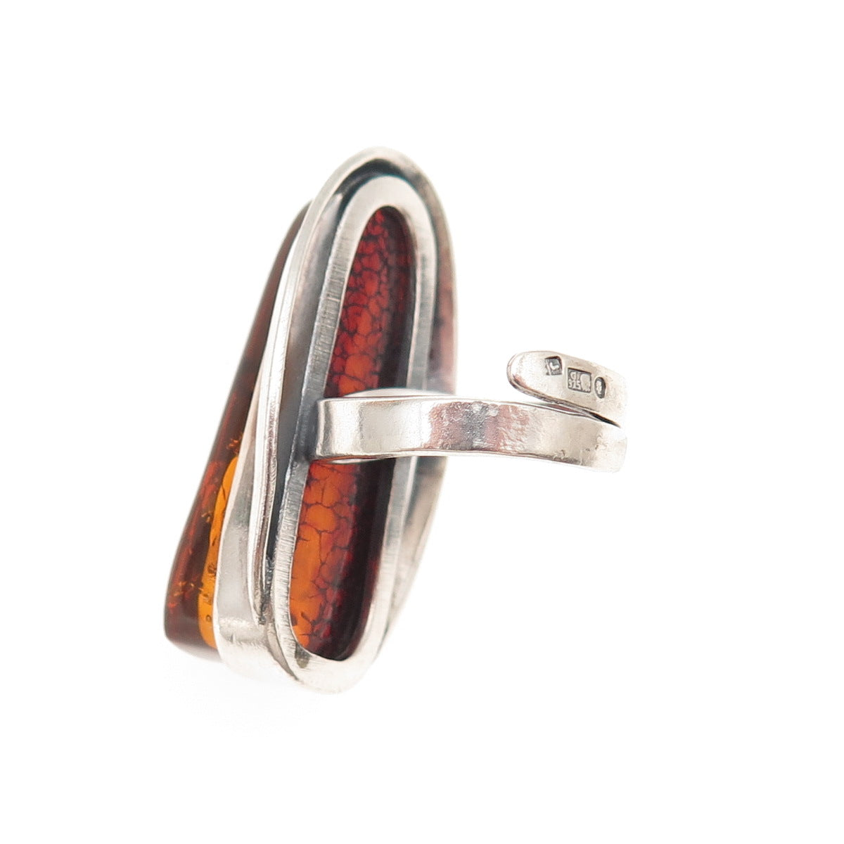 925 Sterling Vintage Poland Real Amber Modernist Adjustable Ring Size 6.75