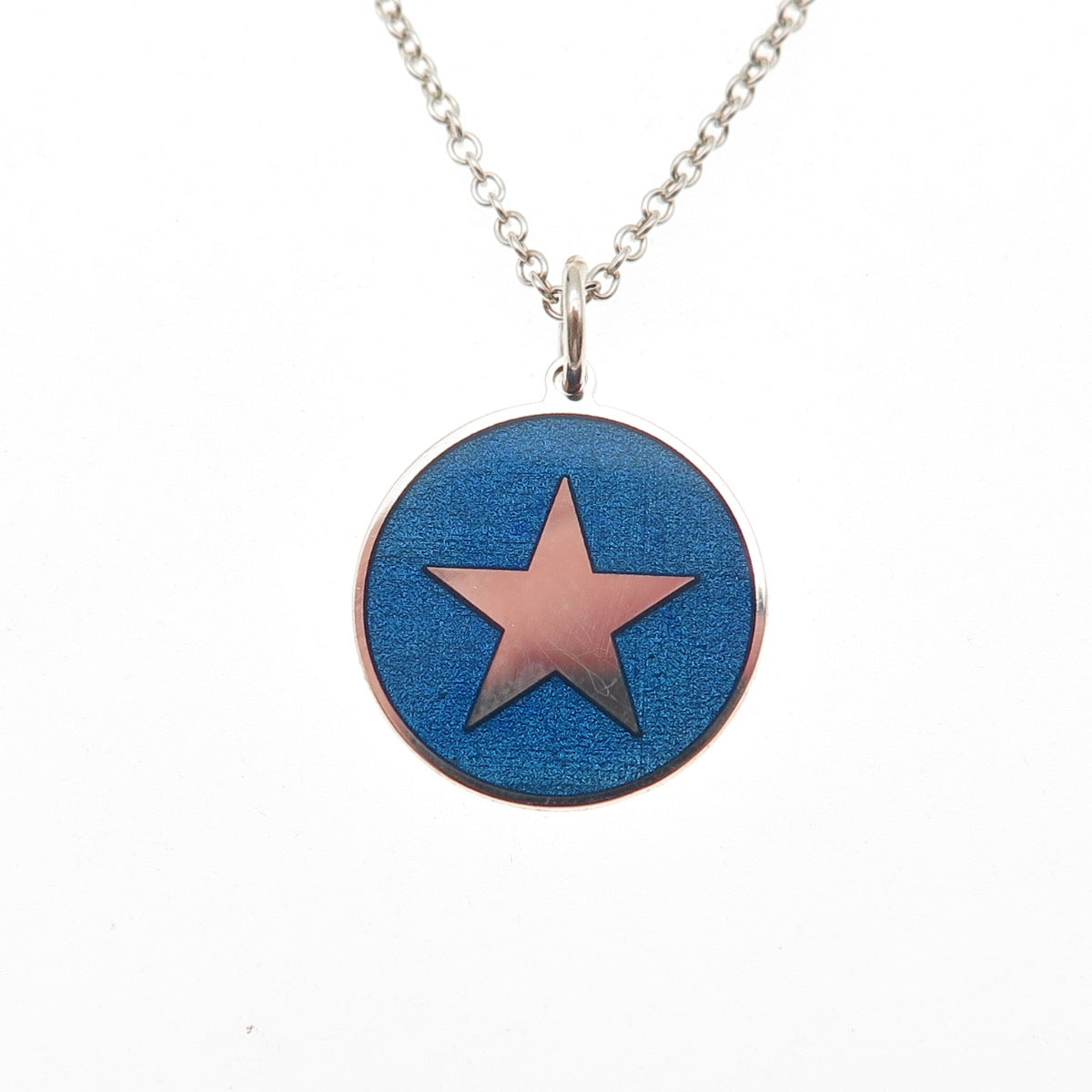 925 Sterling Silver Blue Enamel Star Round Tag Cable Chain Necklace 18"