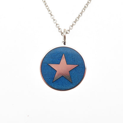 925 Sterling Silver Blue Enamel Star Round Tag Cable Chain Necklace 18"