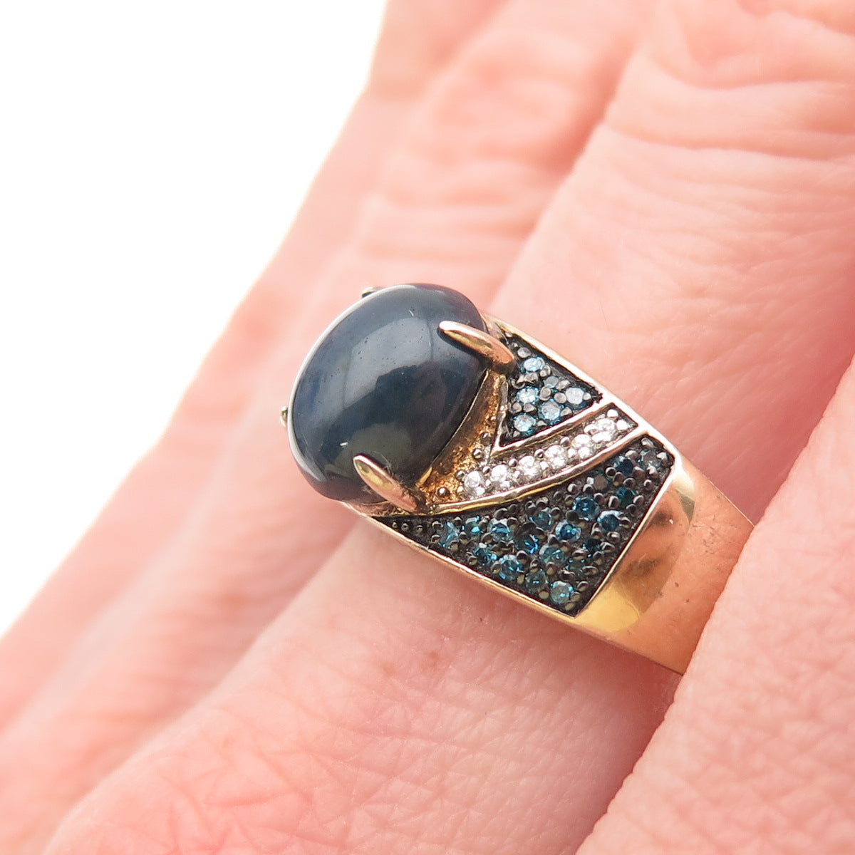 925 Sterling Gold Plated Blue Diamond Star Sapphire & White Topaz Ring Size 11