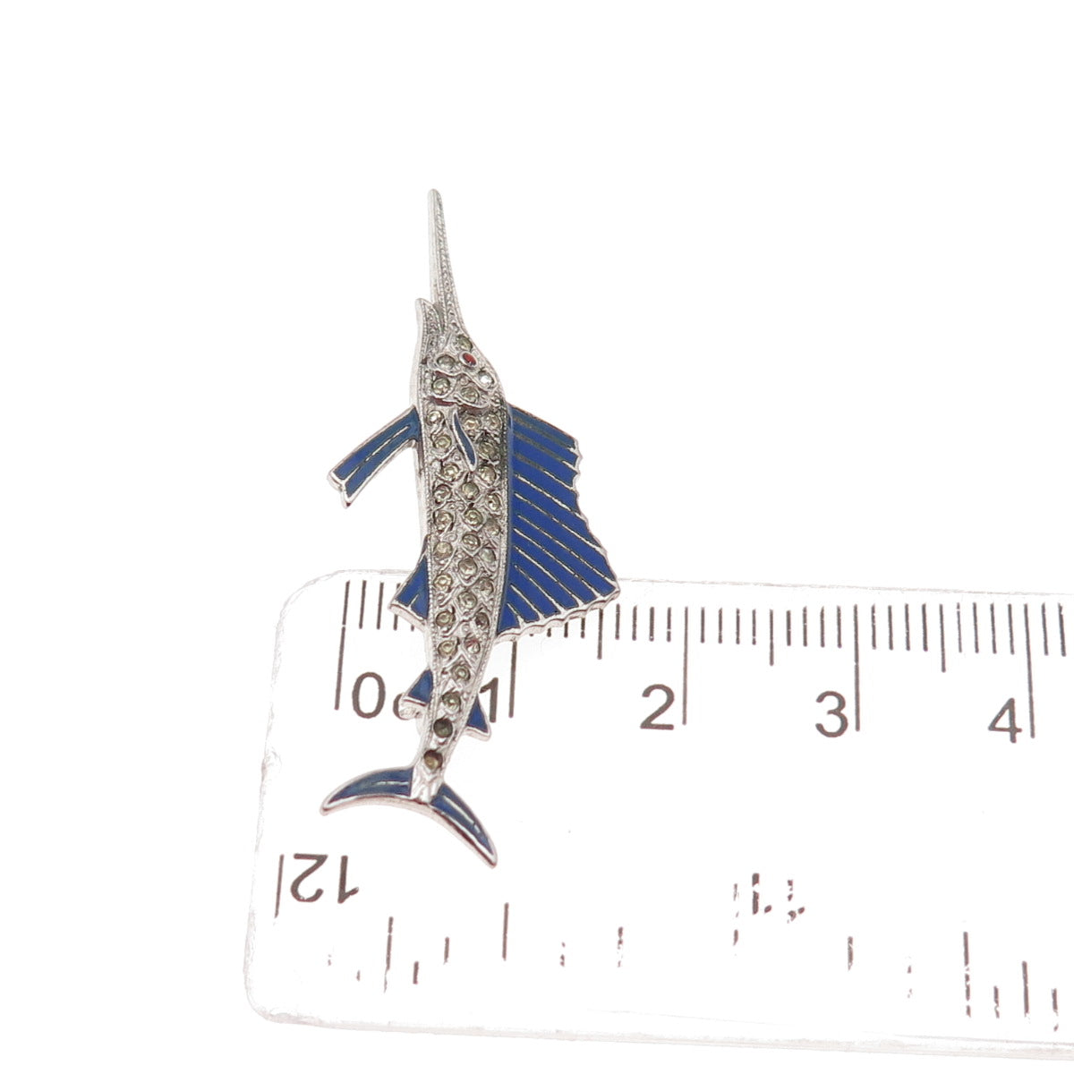 925 Sterling Antique Enamel & Rhinestone Swordfish Pin Brooch (missing 2 stones)