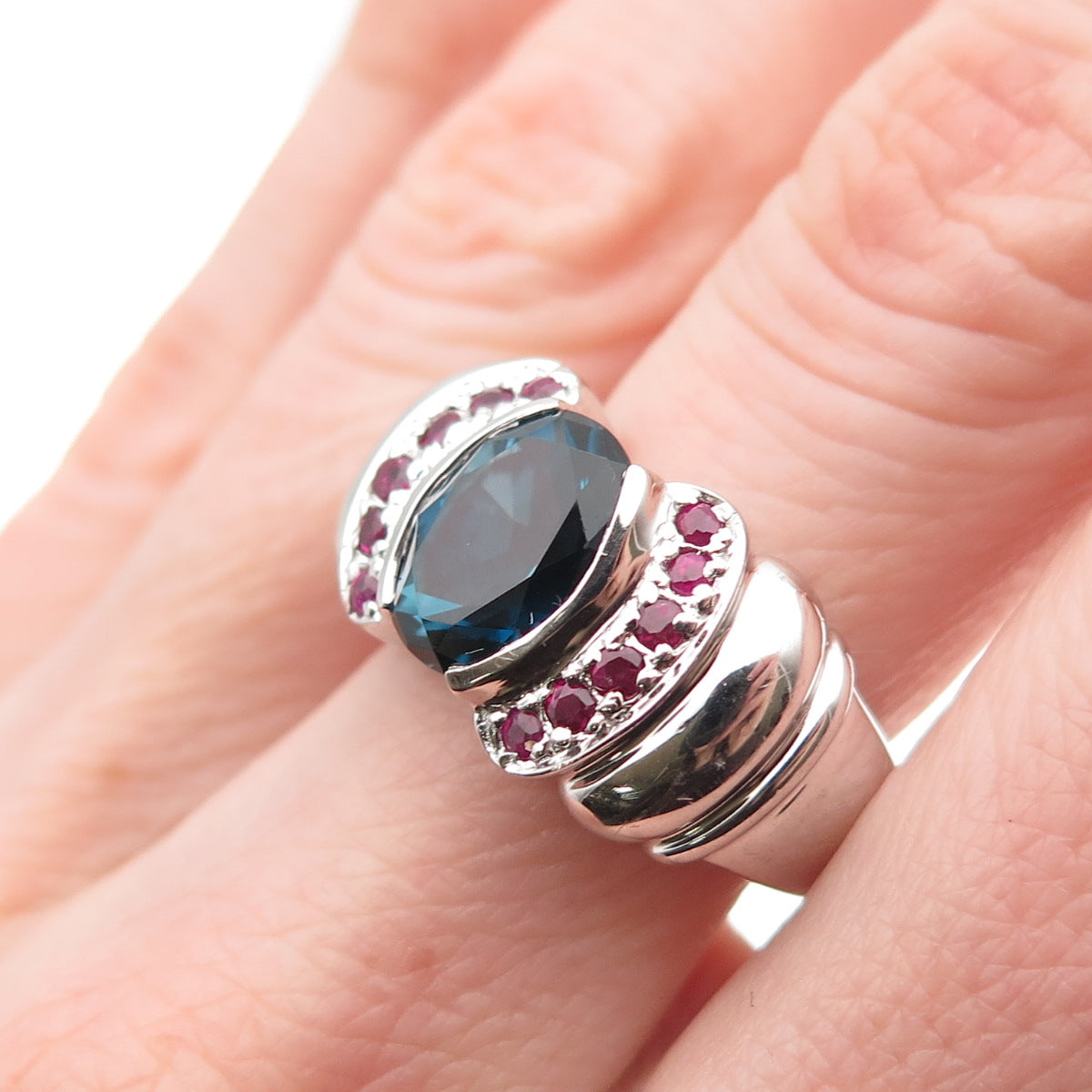 Ross Simons 925 Sterling Silver Real London Blue Topaz & Ruby Ring Size 6.75