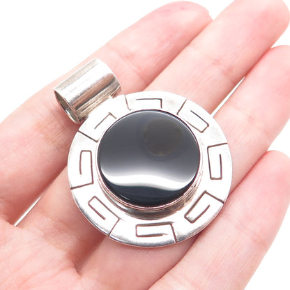 925 Sterling Silver Vintage CII Mexico Real Black Onyx Greek Key Slide Pendant
