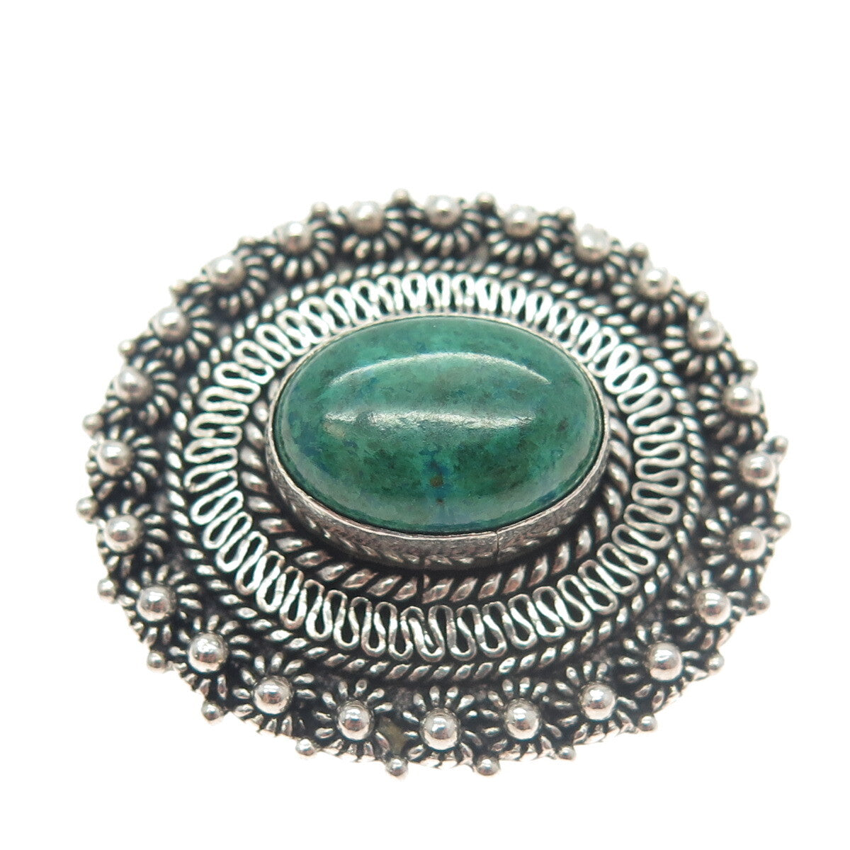 925 Sterling Silver Vintage Real Jade Gemstone Ethnic Pin Brooch / Pendant
