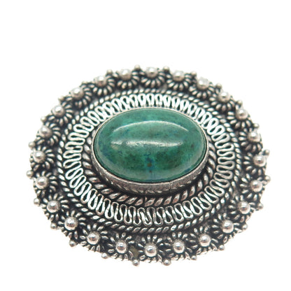 925 Sterling Silver Vintage Real Jade Gemstone Ethnic Pin Brooch / Pendant