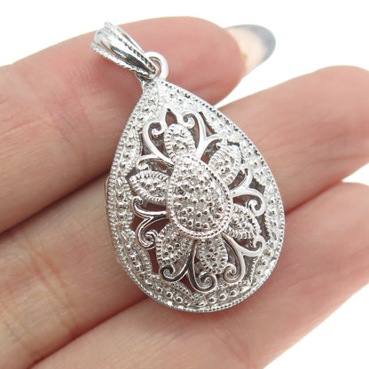 925 Sterling Silver Real Round-Cut Diamond Floral Teardrop Pendant