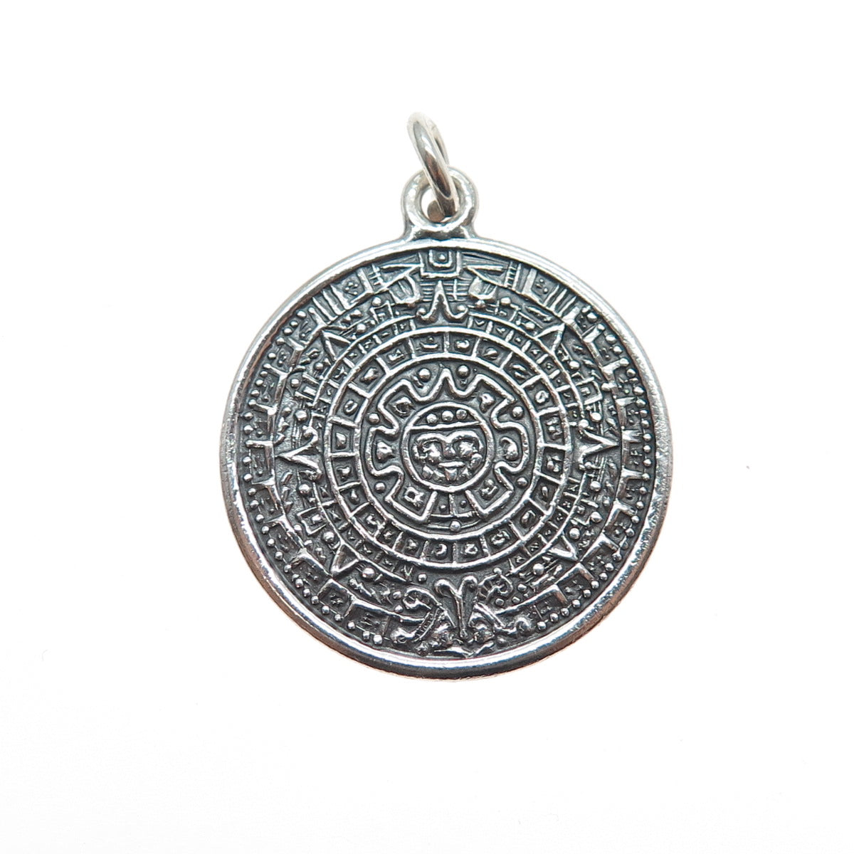 925 Sterling Silver Vintage Mayan Calendar Oxidized Charm Pendant