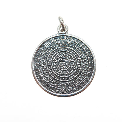 925 Sterling Silver Vintage Mayan Calendar Oxidized Charm Pendant