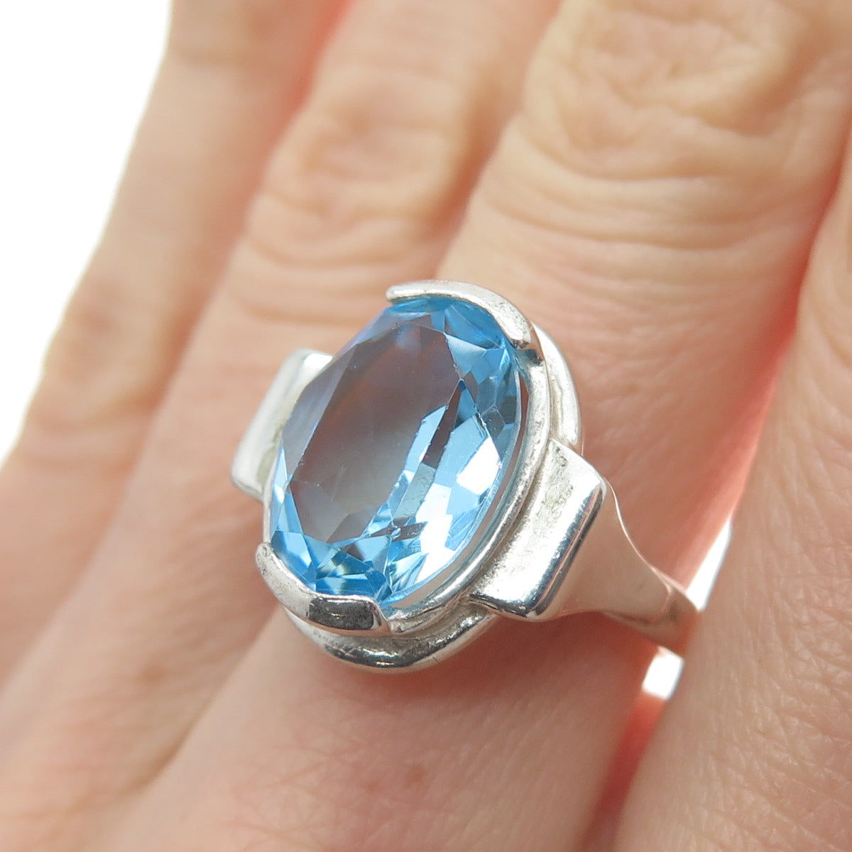 CELLINI 925 Sterling Silver Vintage Oval-Cut Blue C Z Ring Size 7