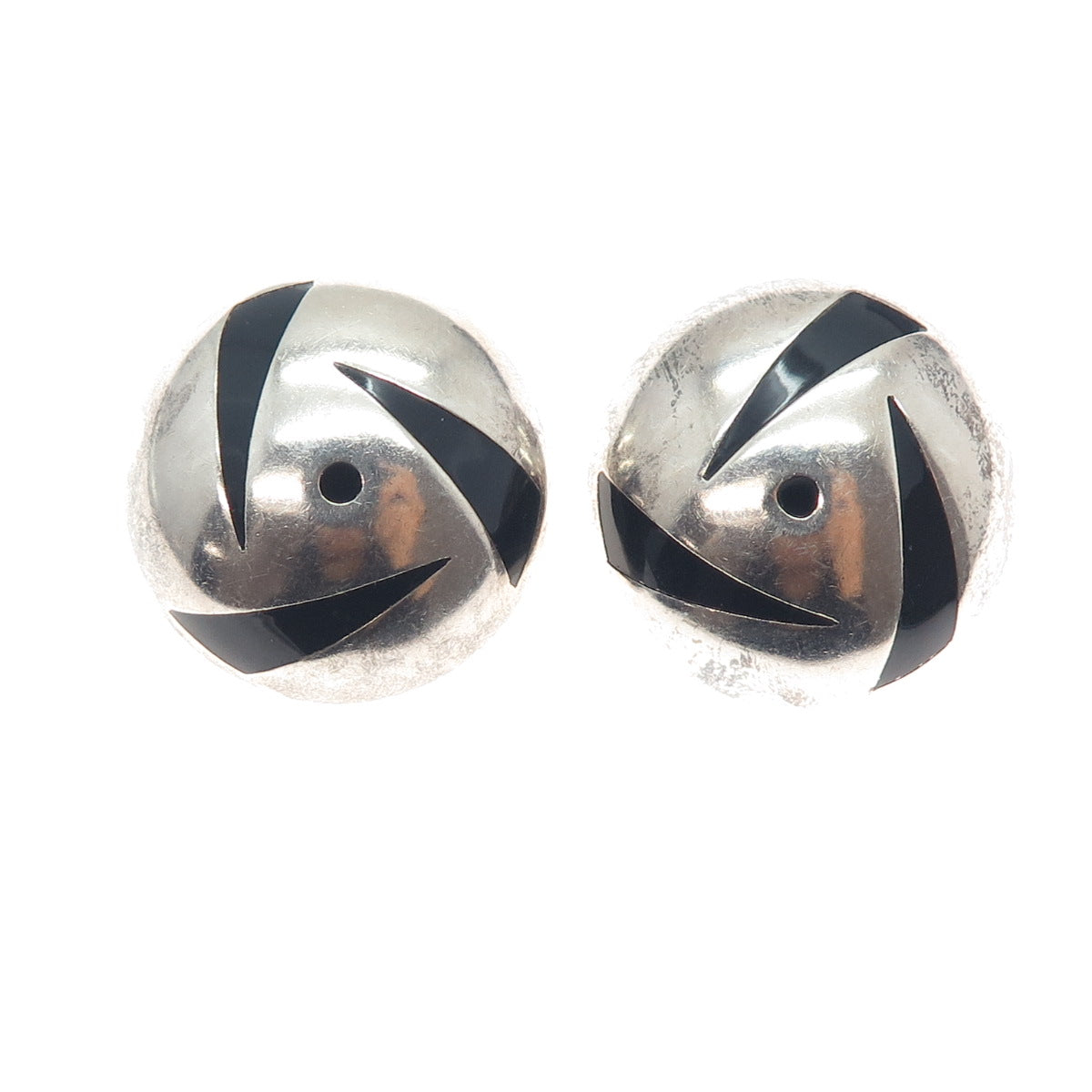950 Silver Vintage Mexico Real Black Onyx Modernist Dome Clip On Earrings