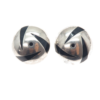 950 Silver Vintage Mexico Real Black Onyx Modernist Dome Clip On Earrings