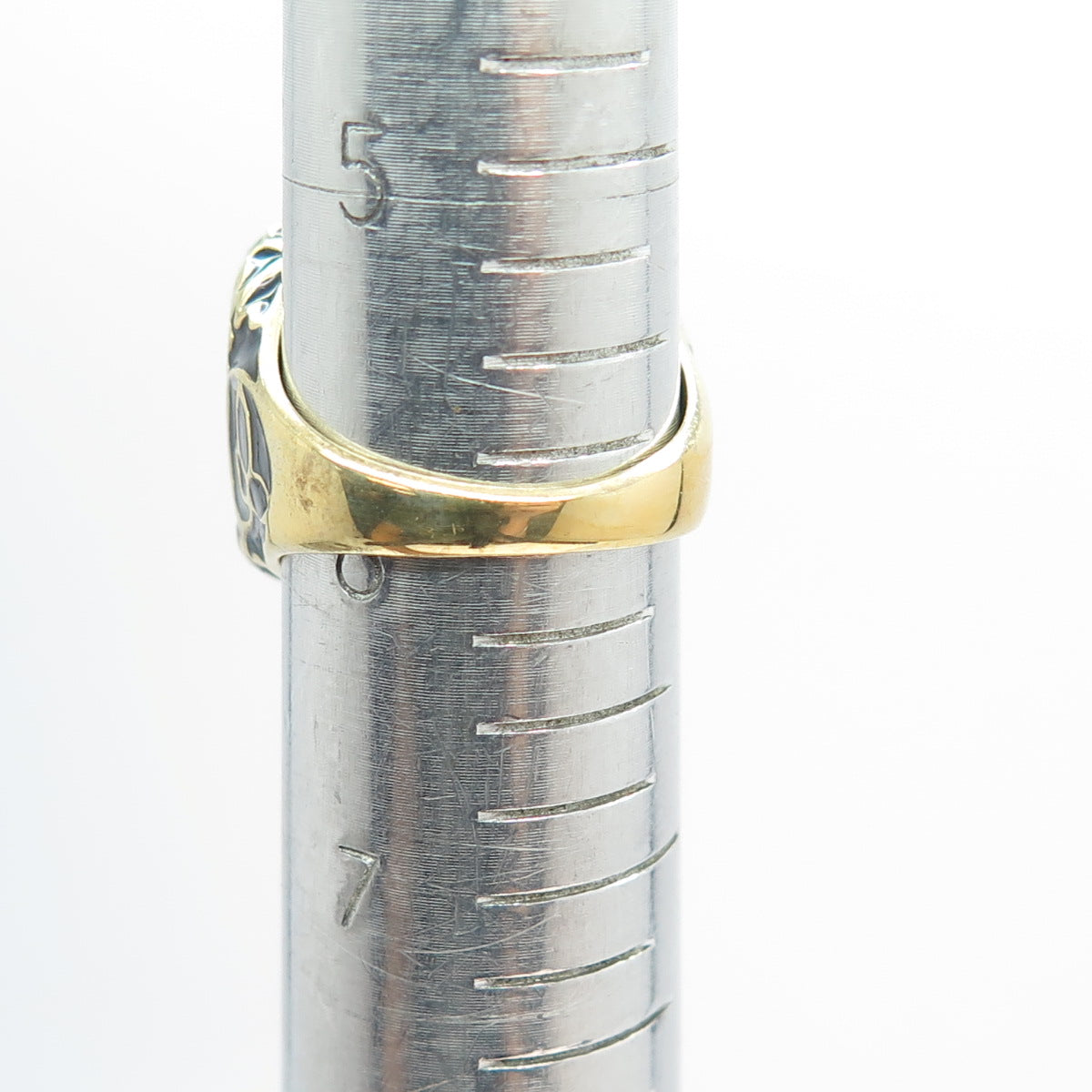 925 Sterling Silver Gold Plated Black Enamel Floral Wide Ring Size 6