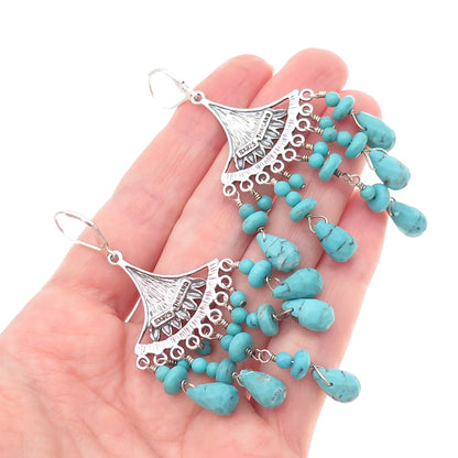 SX Sally C 925 Sterling Silver Vintage Real Turquoise Chandelier Dangle Earrings