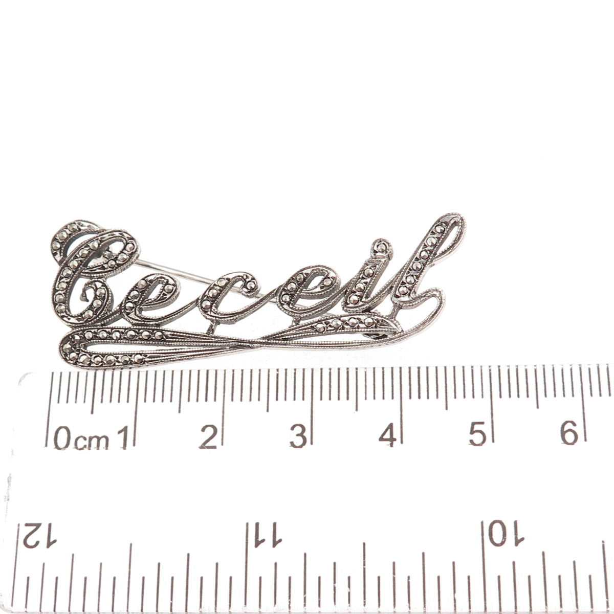 925 Sterling Silver Antique Art Deco Real Marcasite Ceceil Name Pin Brooch