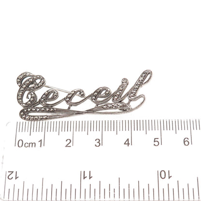 925 Sterling Silver Antique Art Deco Real Marcasite Ceceil Name Pin Brooch