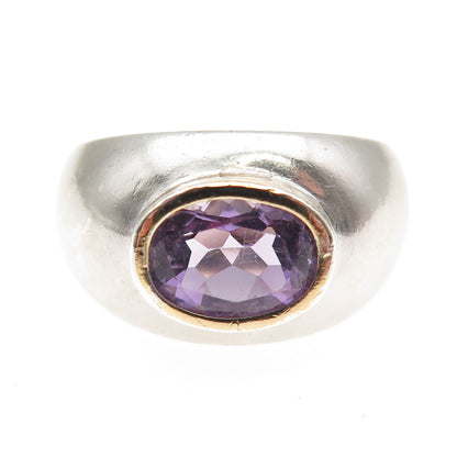 925 Sterling Silver 2-Tone Vintage Real Amethyst Modernist Ring Size 6.5