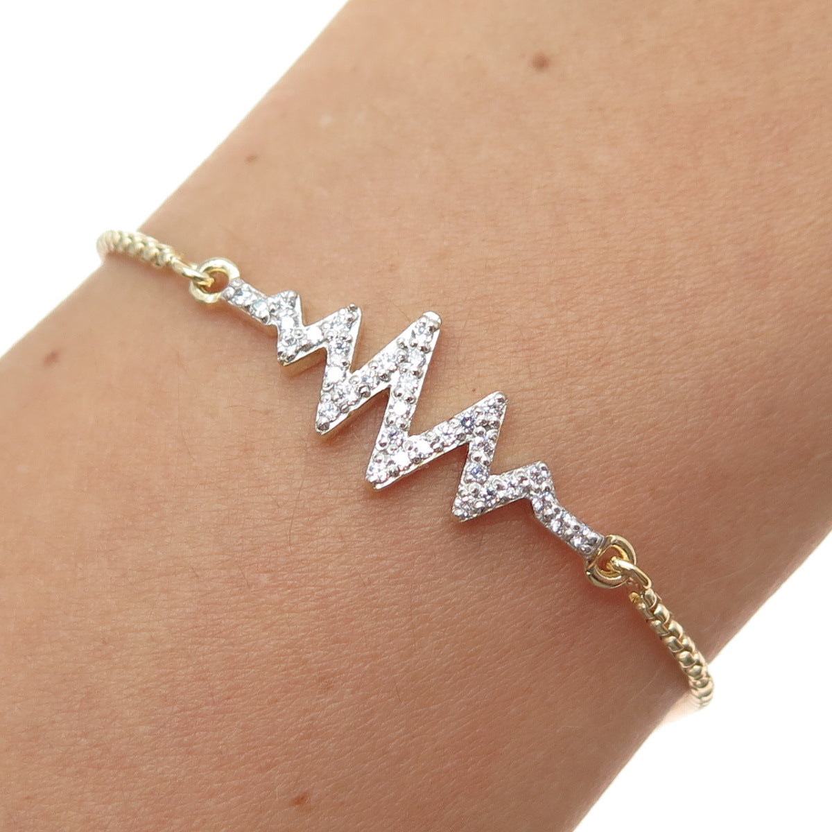925 Sterling Silver Gold Plated C Z Heartbeat Adjustable Box Bracelet 6-9.25"