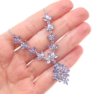 925 Sterling Silver Real Tanzanite Floral Cuban Chain Necklace 18"