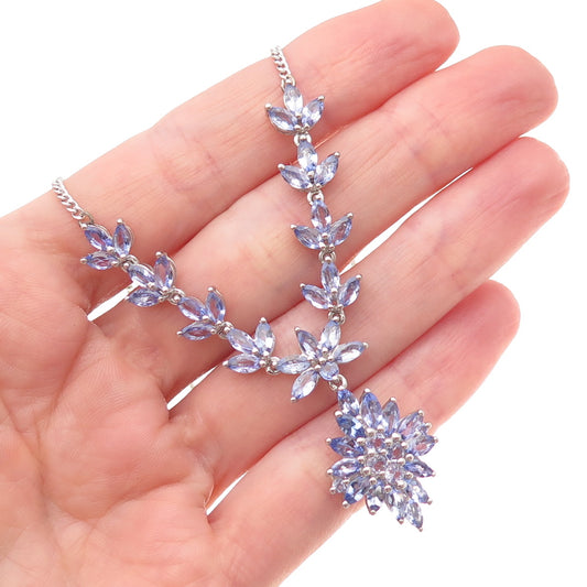 925 Sterling Silver Real Tanzanite Floral Cuban Chain Necklace 18"