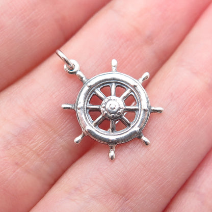 925 Sterling Silver Vintage Helm Ship Wheel Oxidized Minimalist Charm Pendant