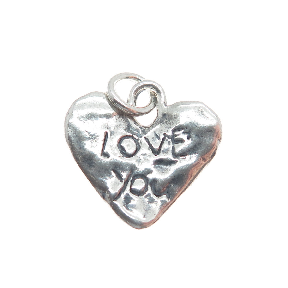 925 Sterling Silver Vintage Love You Hammered Heart Oxidized Charm Pendant