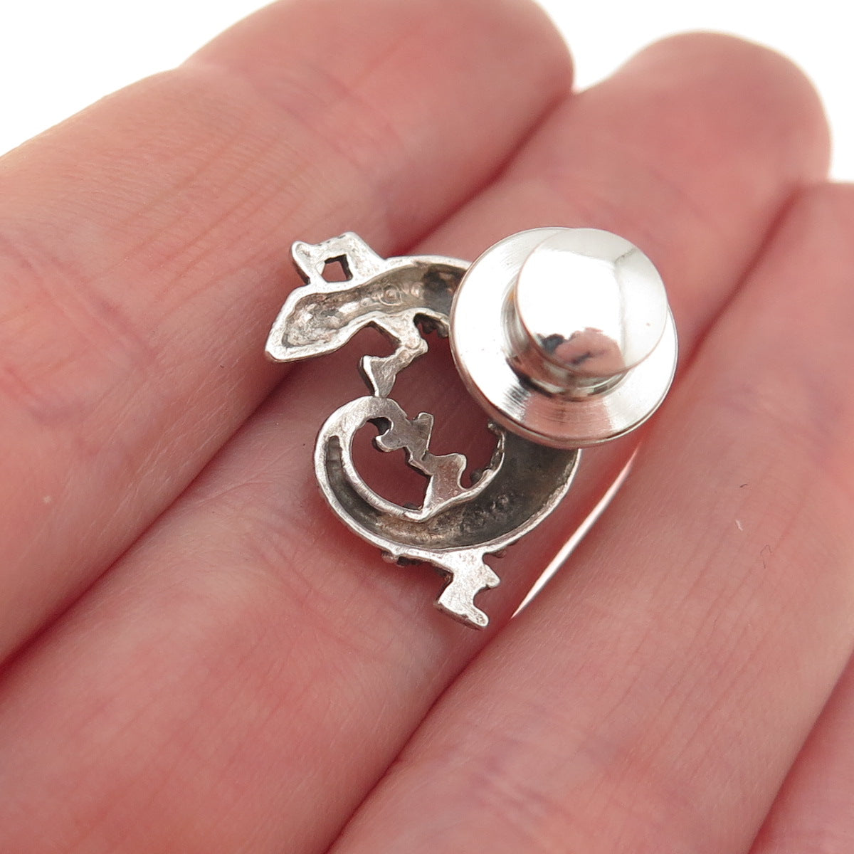 925 Sterling Silver Vintage Lizard Oxidized Tie Tack / Lapel Pin