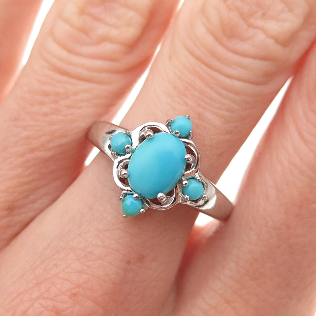 925 Sterling Silver Real Sleeping Beauty Turquoise Floral Ring Size 8.25