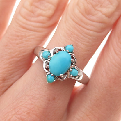 925 Sterling Silver Real Sleeping Beauty Turquoise Floral Ring Size 8.25