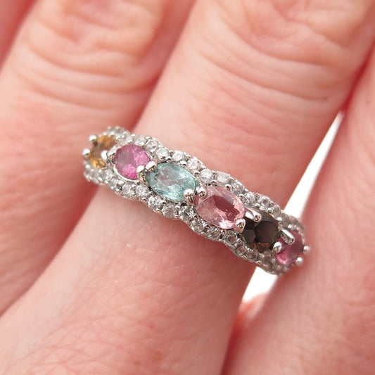 925 Sterling Silver Real Multi-Color Tourmaline & White Topaz Ring Size 6.75