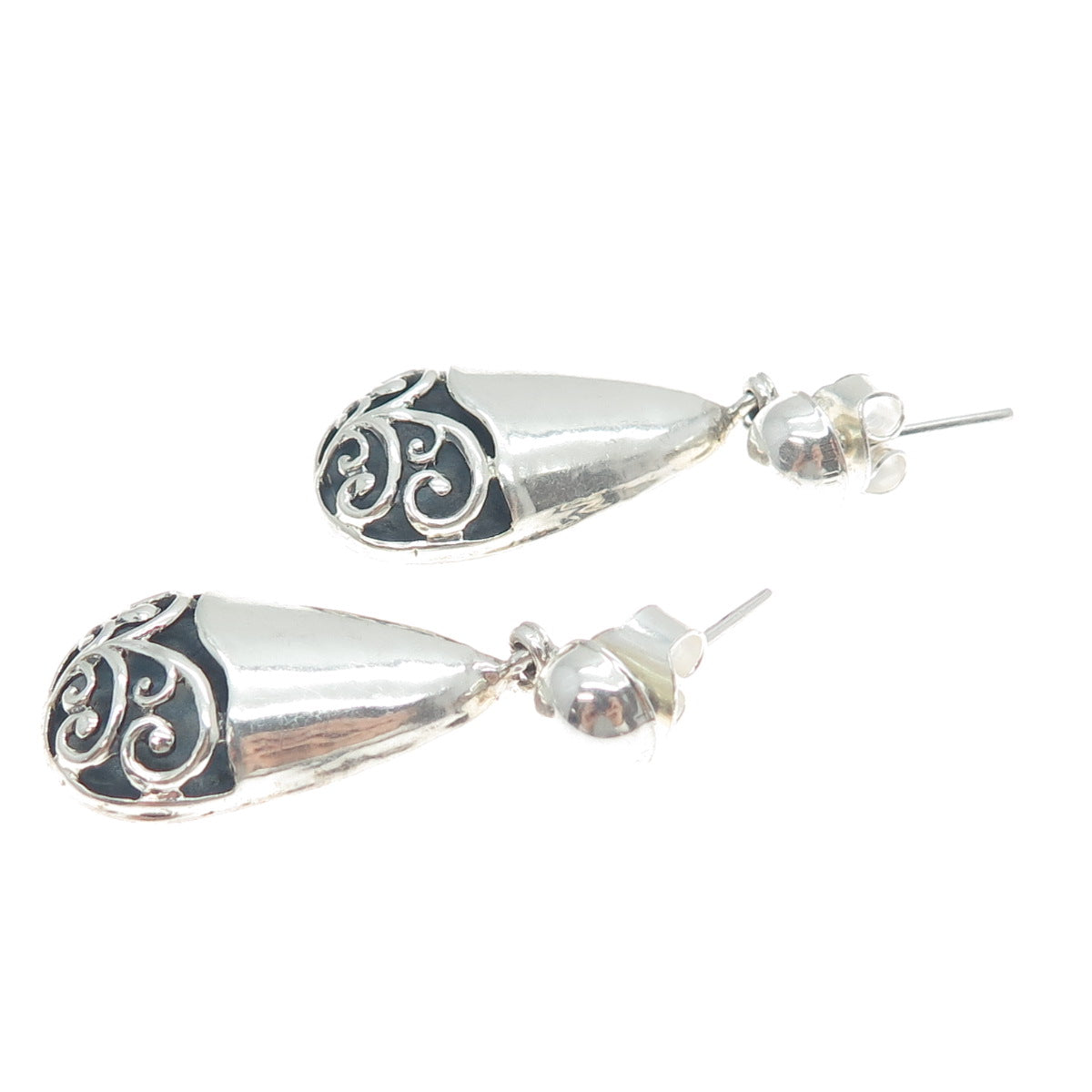 950 Silver Vintage Swirl Teardrop Dangle Earrings