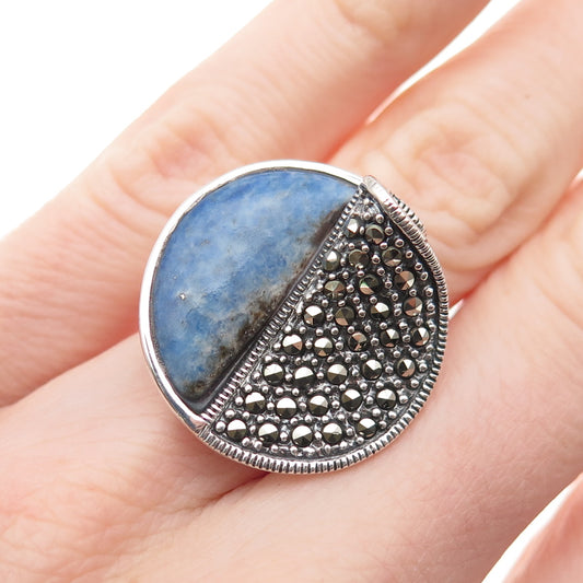 925 Sterling Silver Vintage Real Lapis & Marcasite Modernist Ring Size 4.75