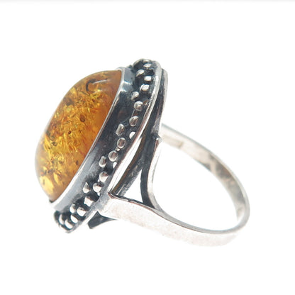 925 Sterling Silver Vintage Poland Real Baltic Amber Modernist Ring Size 8.25