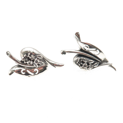 925 Sterling Silver Vintage Modernist Floral Oxidized Screw Back Earrings