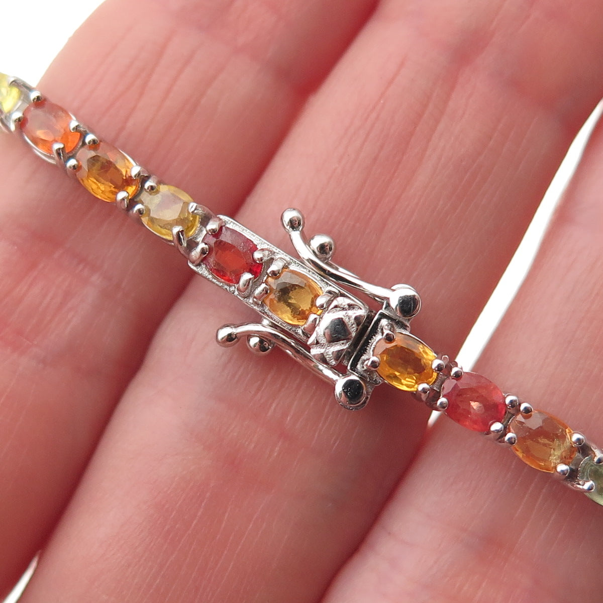 925 Sterling Silver Real Oval-Cut Multi-Color Sapphire Link Bracelet 7"