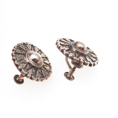 925 Sterling Silver Antique Art Deco Sun Shield Oxidized Screw Back Earrings