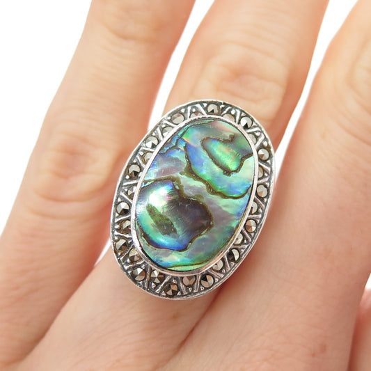 CHAPAL ZENRAY 925 Sterling Silver Vintage Abalone Shell & Marcasite Ring Size 5