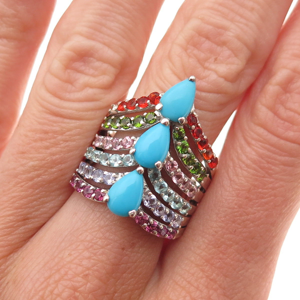 Chuck Clemency 925 Sterling Silver Real Turquoise Multi-Color Gem Ring Size 8.25