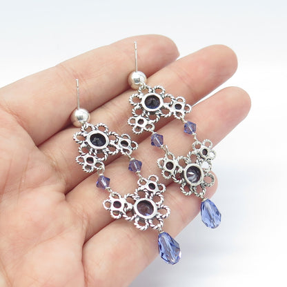 925 Sterling Silver Vintage Real Iolite & Crystal Floral Dangling Earrings