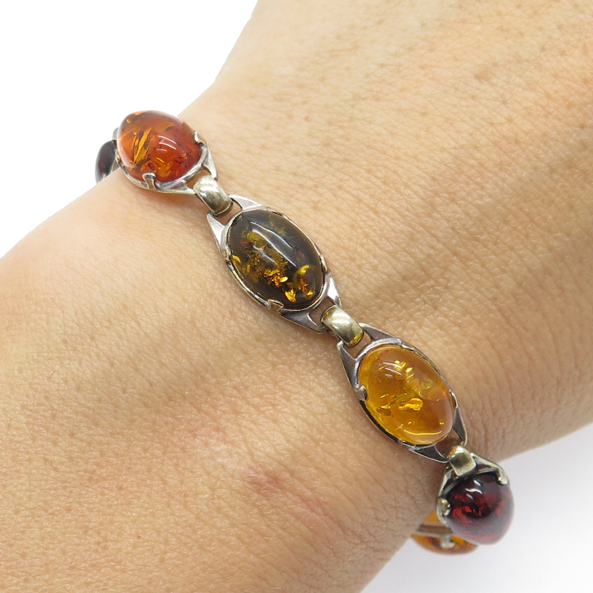 VALERIO V8 Sterling Silver Vintage Poland Baltic Amber Tennis Link Bracelet 8"