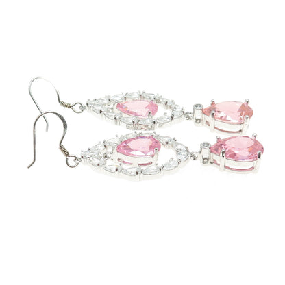 925 Sterling Silver White & Pink C Z Chandelier Dangle Hook Earrings