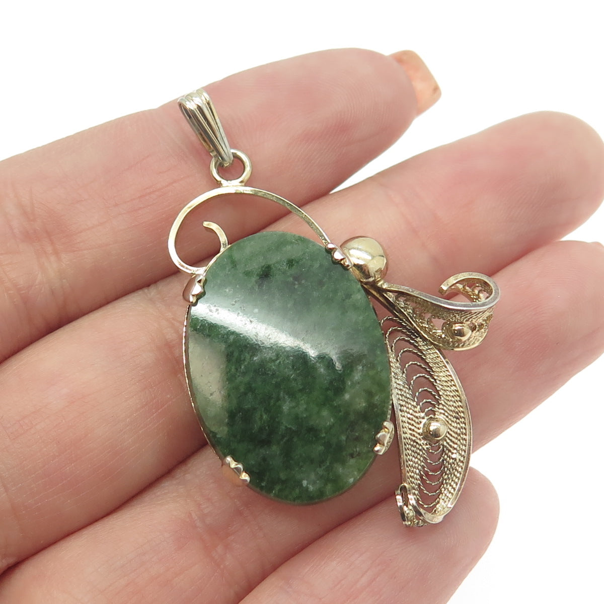 SORRENTO 925 Sterling Silver Gold Plated Vintage Real Jade Filigree Pendant