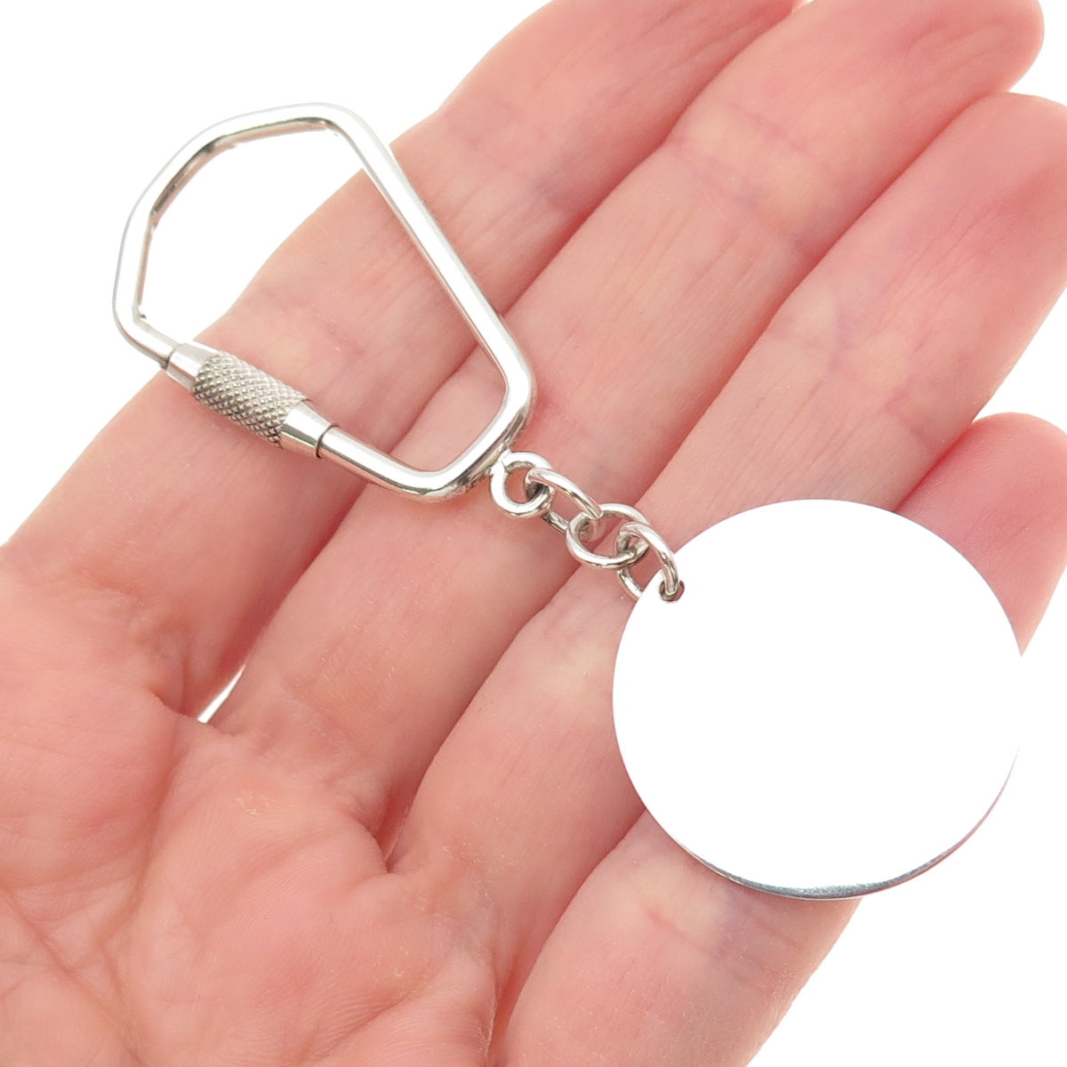 925 Sterling Silver Vintage Round Tag Fob Carabiner Key Ring Holder