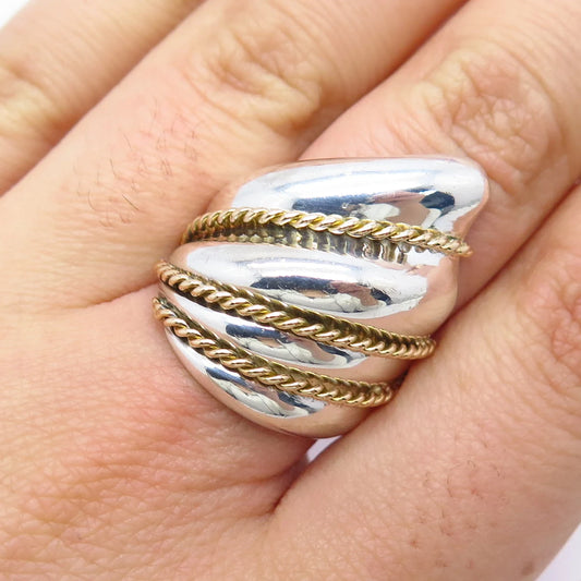 925 Sterling Silver / 14K Gold Vintage Ribbed Statement Ring Size 6.25