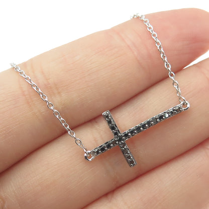 SUN 925 Sterling Silver Real Round-Cut Black Diamond Cross Chain Necklace 16"