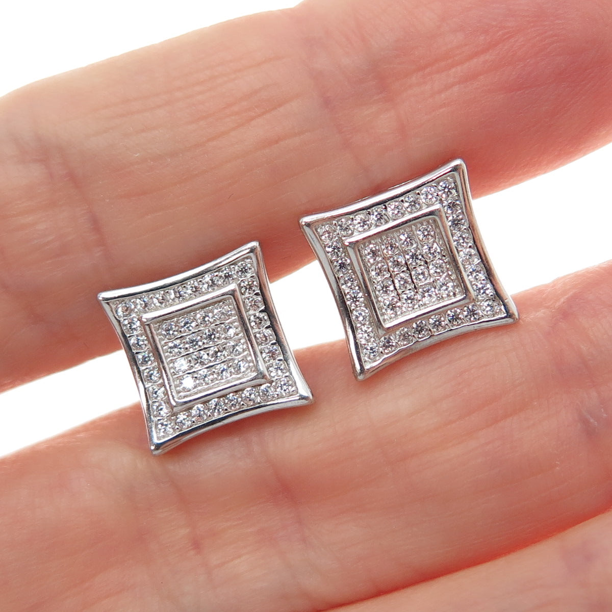 925 Sterling Silver Round-Cut C Z Princess Square Stud Earrings