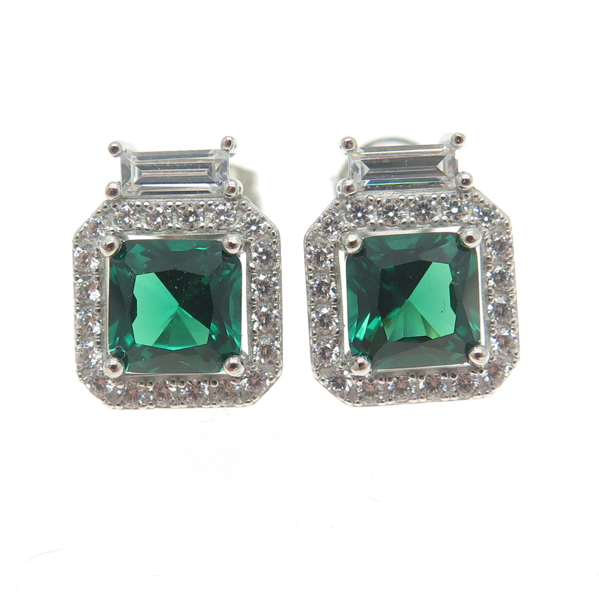925 Sterling Silver Princess-Cut Nano Emerald & Multi-Cut C Z Earrings