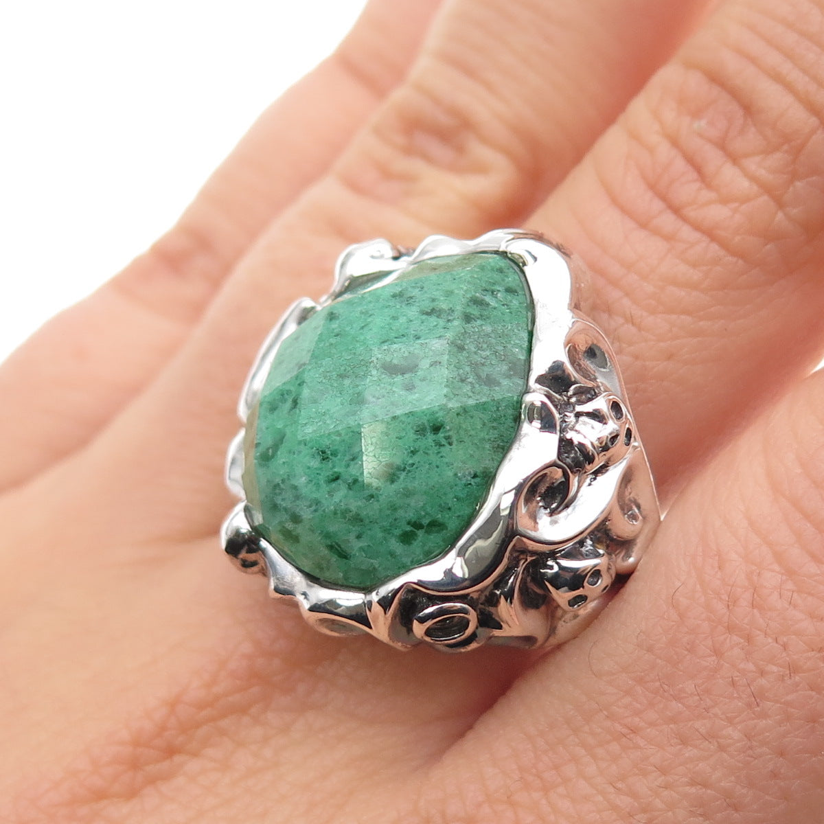 925 Sterling Silver Vintage Real Aventurine Skull Oxidized Ring Size 9
