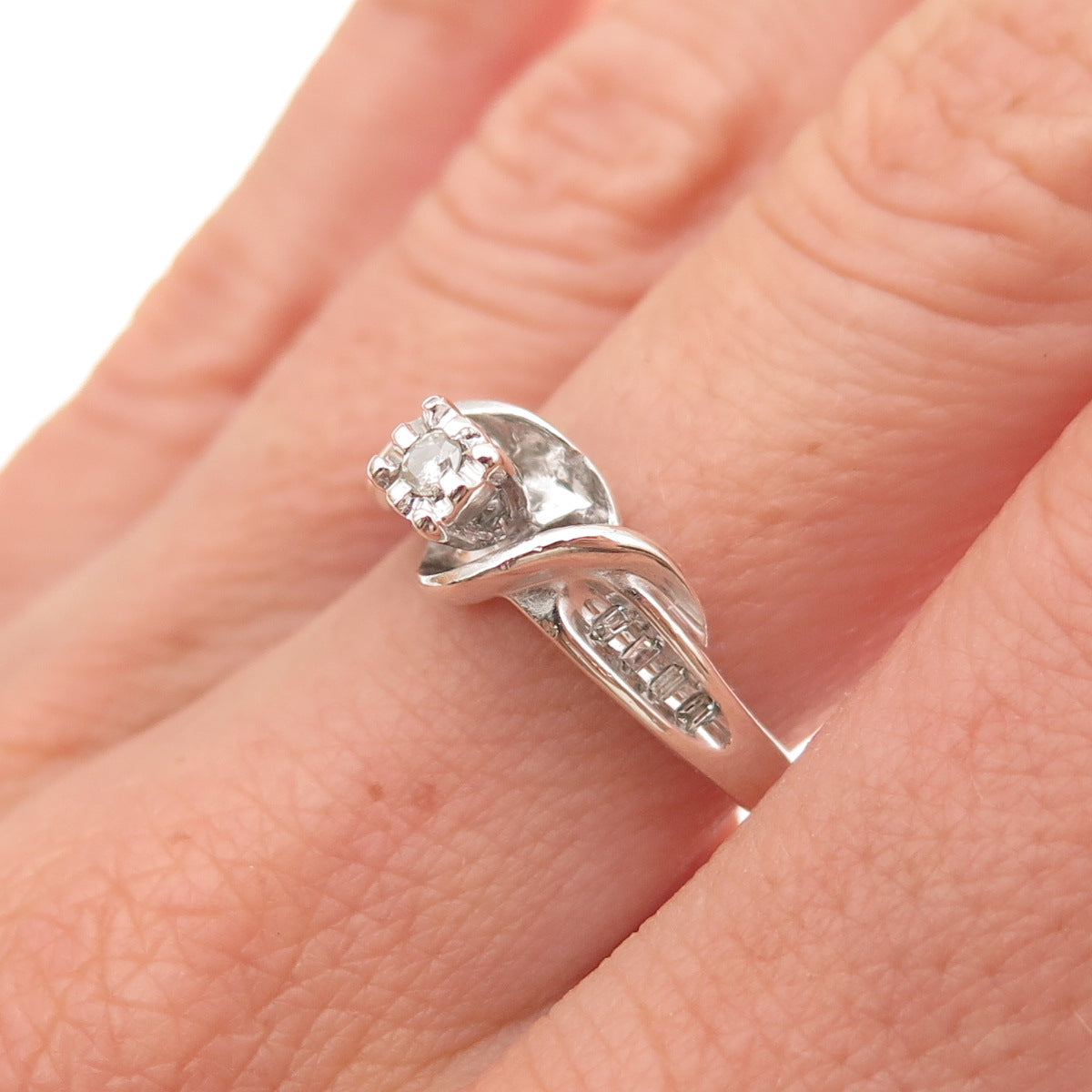 925 Sterling Silver Real Round & Emerald-Cut Diamond Engagement Ring Size 7
